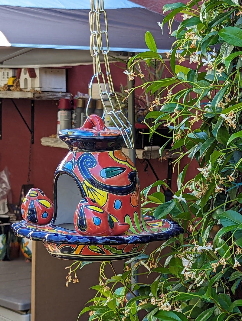 Ceramic Bird Feeder, Talavera Pottery, Decorative Outdoor Hanging Feeder Station w Chain, Handmade Mexican Pottery, Attract Wild Birds