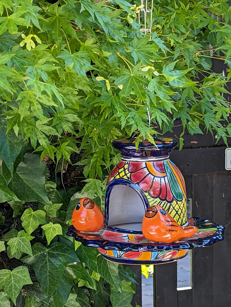 Ceramic Bird Feeder, Talavera Pottery, Decorative Outdoor Hanging Feeder Station w Chain, Handmade Mexican Pottery, Attract Wild Birds