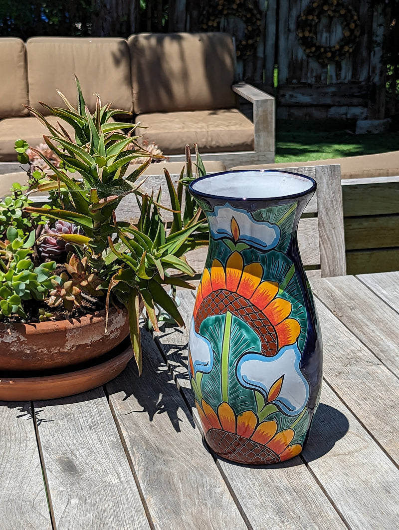 Talavera Vase, Ceramic Mexican Pottery, Handmade Decorative Flower Vase, Colorful Home Decor, Sunflowers and Lillies