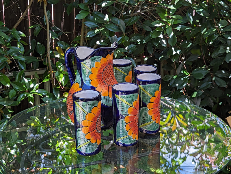 Talavera Ceramic Pitcher & Six Glasses, Handmade Talavera Pottery, Ceramic Water Pitcher, Ceramic Kitchen Pitcher, Mexican Pottery