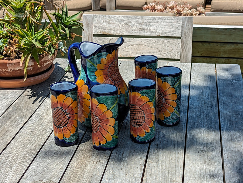 Talavera Ceramic Pitcher & Six Glasses, Handmade Talavera Pottery, Ceramic Water Pitcher, Ceramic Kitchen Pitcher, Mexican Pottery