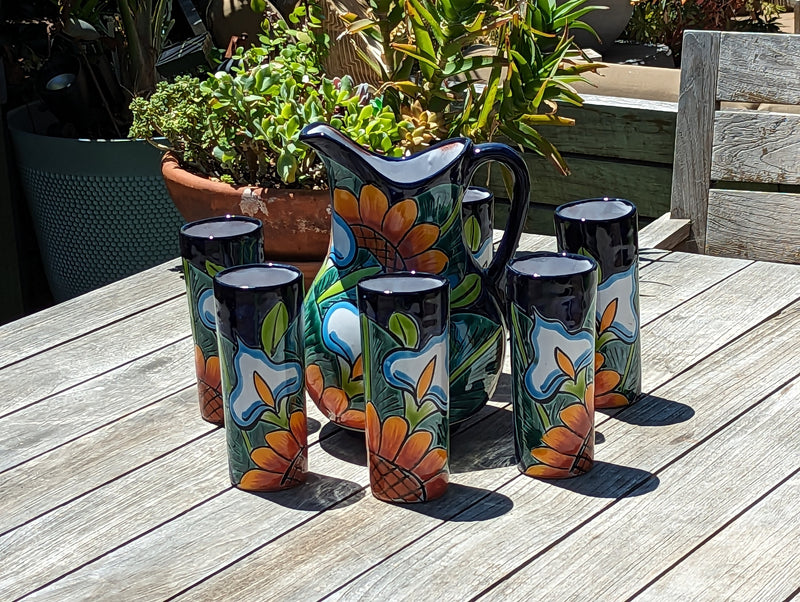 Talavera Ceramic Pitcher & Six Glasses, Handmade Mexican Pottery, Ceramic Water Pitcher Set for the Kitchen or Dining Room or Outdoor Picnic