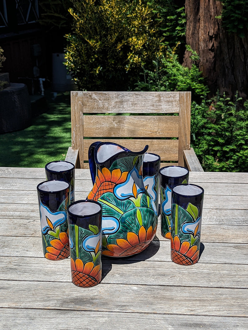 Talavera Ceramic Pitcher & Six Glasses, Handmade Mexican Pottery, Ceramic Water Pitcher Set for the Kitchen or Dining Room or Outdoor Picnic