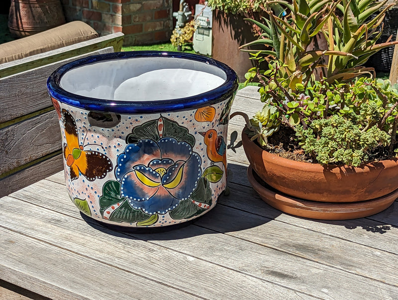 Birds & Blooms Round Flower Pot Ceramic Planter, Handmade Talavera Pottery use as Outdoor Garden Decor, Indoor Home Decor, Housewarming Gift