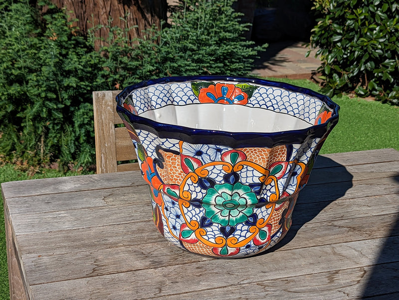 Colorful 17" Wide Margarita Planter, Large Planter Pot, Talavera Pottery, Ceramic Indoor Outdoor Flower Pot, Handmade In Mexico. Sold as is