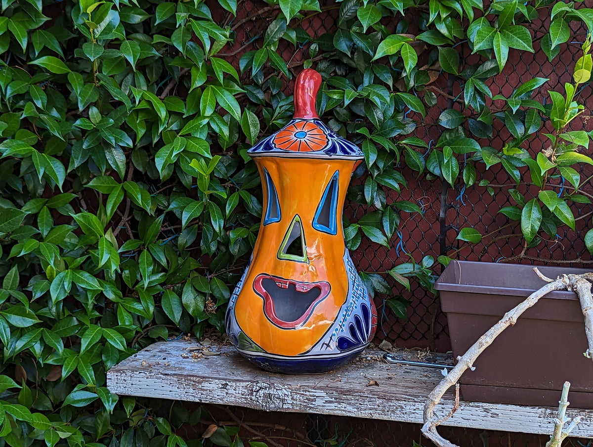 Halloween Pumpkin Decor, Talavera Pottery, Jack-o-Lantern Home Decoration, Handmade Mexican Art for Outdoor Patio Decor or Trick or Treat