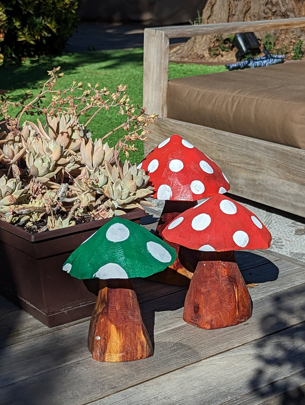 Pre-Order | Toadstool Trio Garden Decor & Yard Art, Wooden Chainsaw Sculptures Unique Home Decor, Set of 3 Handmade Mushrooms, Ships 2-25