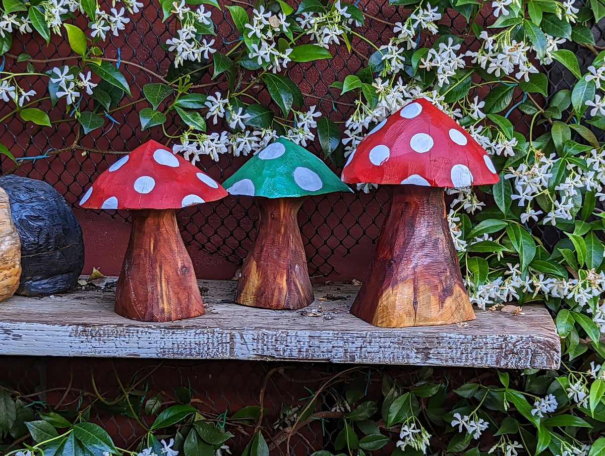 Pre-Order | Toadstool Trio Garden Decor & Yard Art, Wooden Chainsaw Sculptures Unique Home Decor, Set of 3 Handmade Mushrooms, Ships 2-25