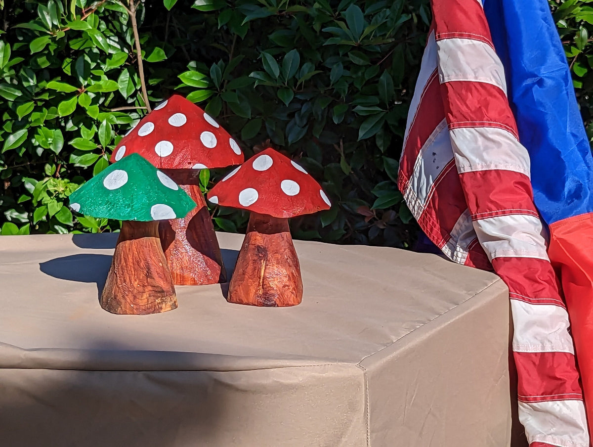 Pre-Order | Toadstool Trio Garden Decor & Yard Art, Wooden Chainsaw Sculptures Unique Home Decor, Set of 3 Handmade Mushrooms, Ships 2-25