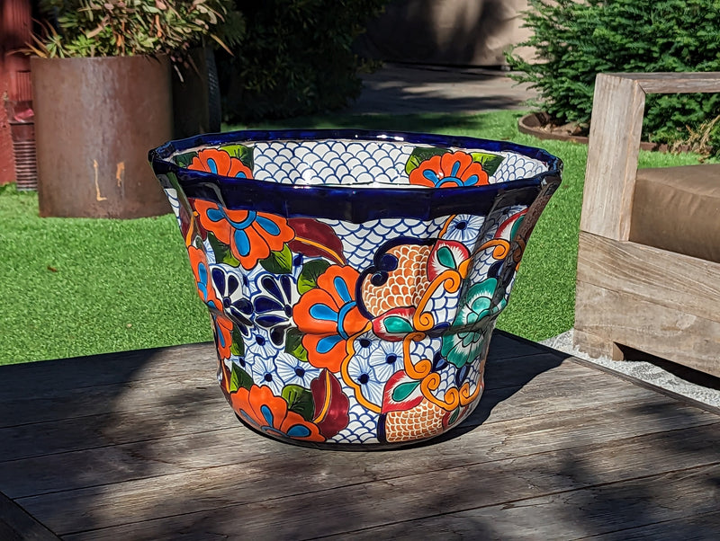 Colorful 17" Wide Margarita Planter, Large Planter Pot, Talavera Pottery, Ceramic Indoor Outdoor Flower Pot, Handmade In Mexico. Sold as is