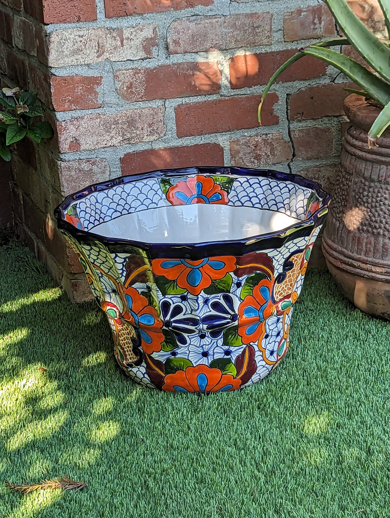 Colorful 17" Wide Margarita Planter, Large Planter Pot, Talavera Pottery, Ceramic Indoor Outdoor Flower Pot, Handmade In Mexico. Sold as is