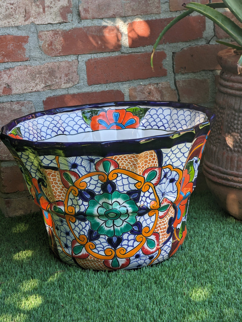 Colorful 17" Wide Margarita Planter, Large Planter Pot, Talavera Pottery, Ceramic Indoor Outdoor Flower Pot, Handmade In Mexico. Sold as is