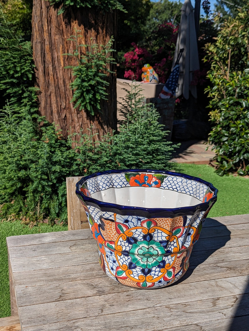 Colorful 17" Wide Margarita Planter, Large Planter Pot, Talavera Pottery, Ceramic Indoor Outdoor Flower Pot, Handmade In Mexico. Sold as is