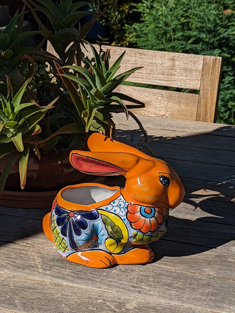 Rabbit Planter, Talavera Pottery, Colorful Ceramic Plant Pot, Indoor Home Decor, Outdoor Garden Decor, Hand Painted Mexican Yard Decor