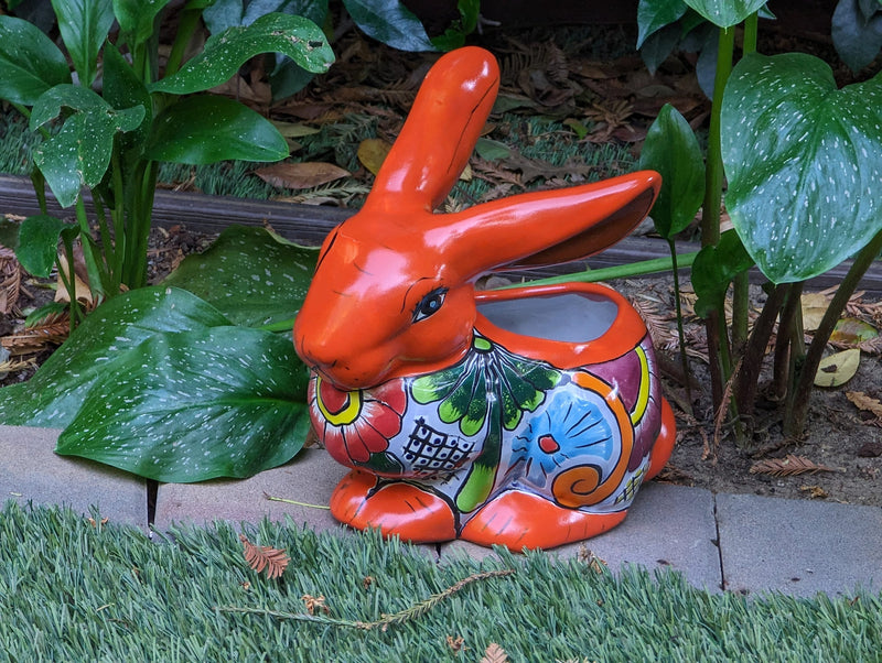 Talavera Rabbit Planter & Ceramic Plant Pot, Hand Painted Mexican Pottery good as Indoor Home Decor, Outdoor Yard Art or Garden Decor