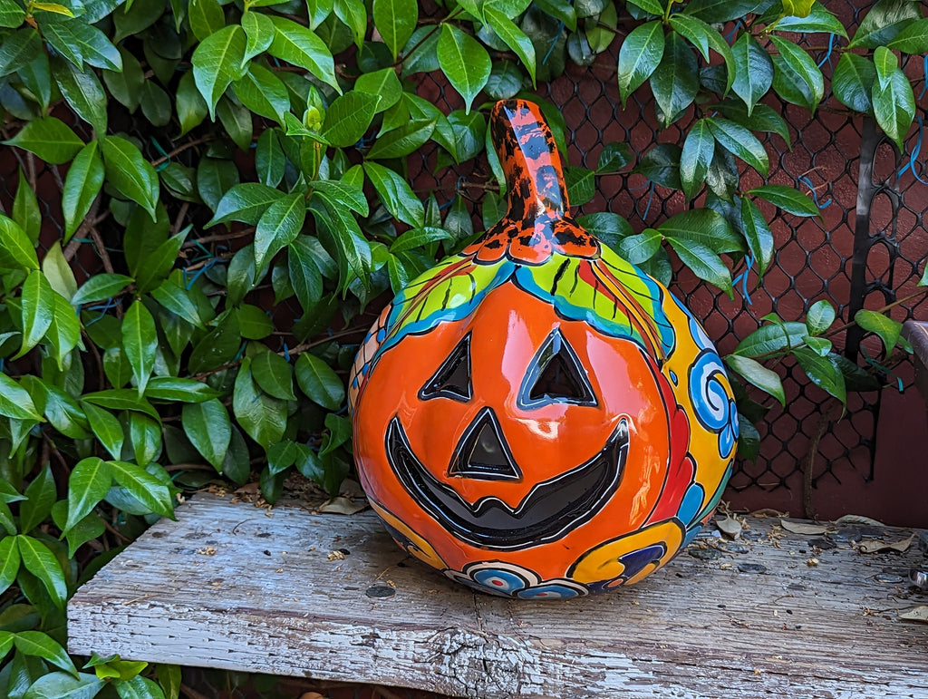 Halloween Pumpkin Decor, Jack-o-Lantern for Trick or Treat Party, Holiday Decor or Seasonal Yard Decor, Handmade Mexican Talavera Pottery