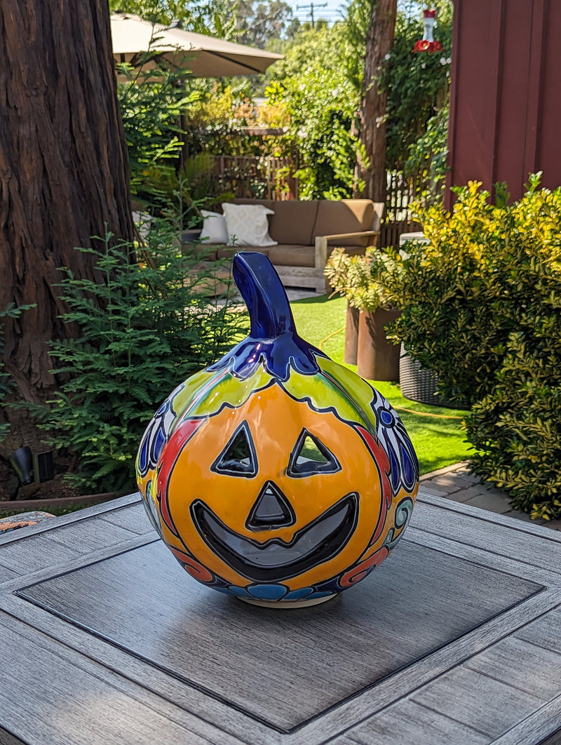 Halloween Pumpkin Decor, Jack-o-Lantern for Trick or Treat Party, Holiday Decor or Seasonal Yard Decor, Handmade Mexican Talavera Pottery