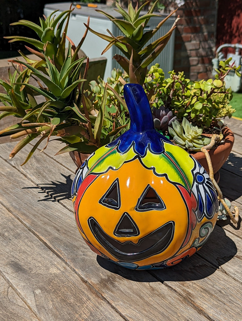 Halloween Pumpkin Decor, Jack-o-Lantern for Trick or Treat Party, Holiday Decor or Seasonal Yard Decor, Handmade Mexican Talavera Pottery