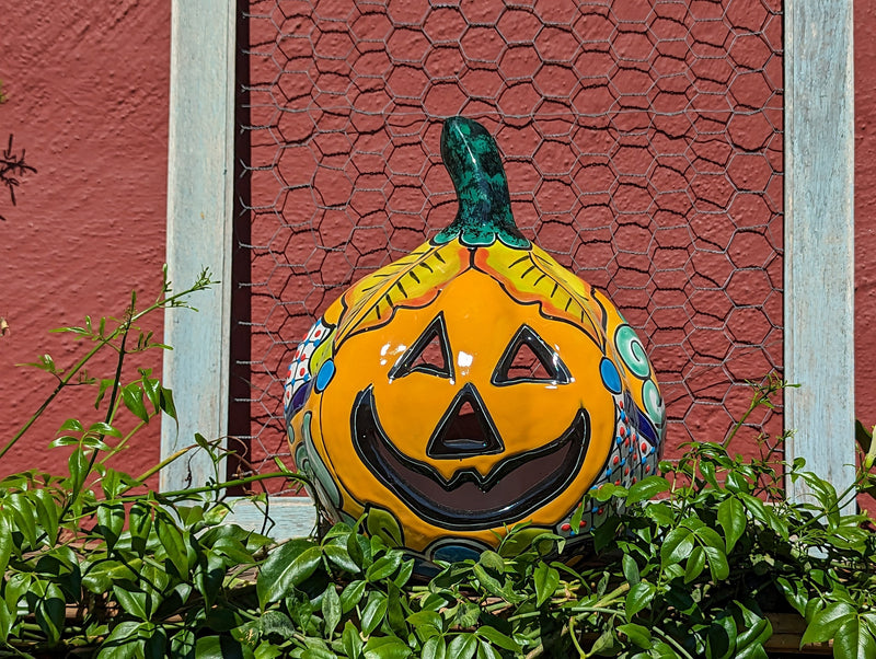 Halloween Pumpkin Decor, Jack-o-Lantern for Trick or Treat Party, Holiday Decor or Seasonal Yard Decor, Handmade Mexican Talavera Pottery