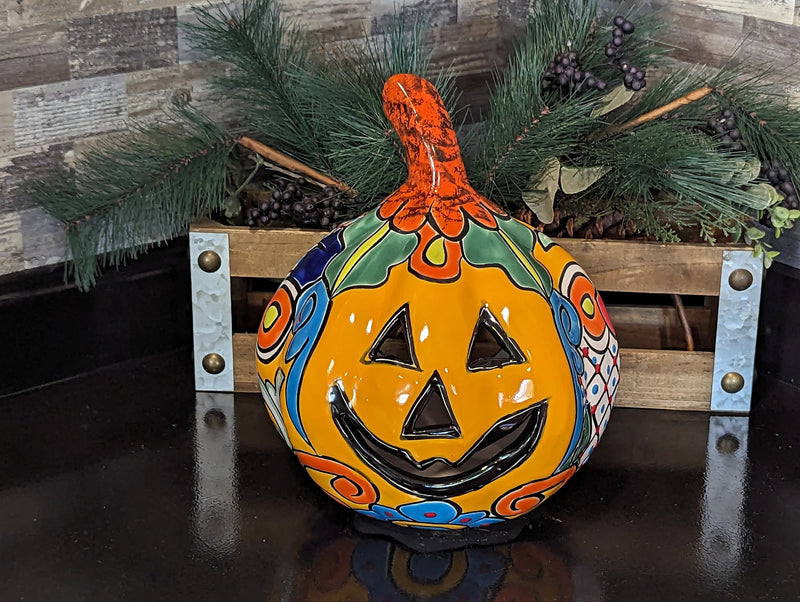 Halloween Pumpkin Decor, Jack-o-Lantern for Trick or Treat Party, Holiday Decor or Seasonal Yard Decor, Handmade Mexican Talavera Pottery