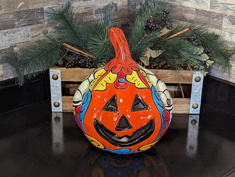 Halloween Pumpkin Decor, Jack-o-Lantern for Trick or Treat Party, Holiday Decor or Seasonal Yard Decor, Handmade Mexican Talavera Pottery