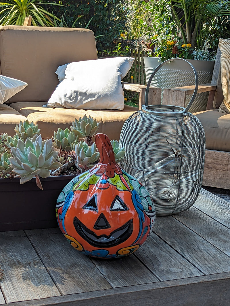 Halloween Pumpkin Decor, Jack-o-Lantern for Trick or Treat Party, Holiday Decor or Seasonal Yard Decor, Handmade Mexican Talavera Pottery