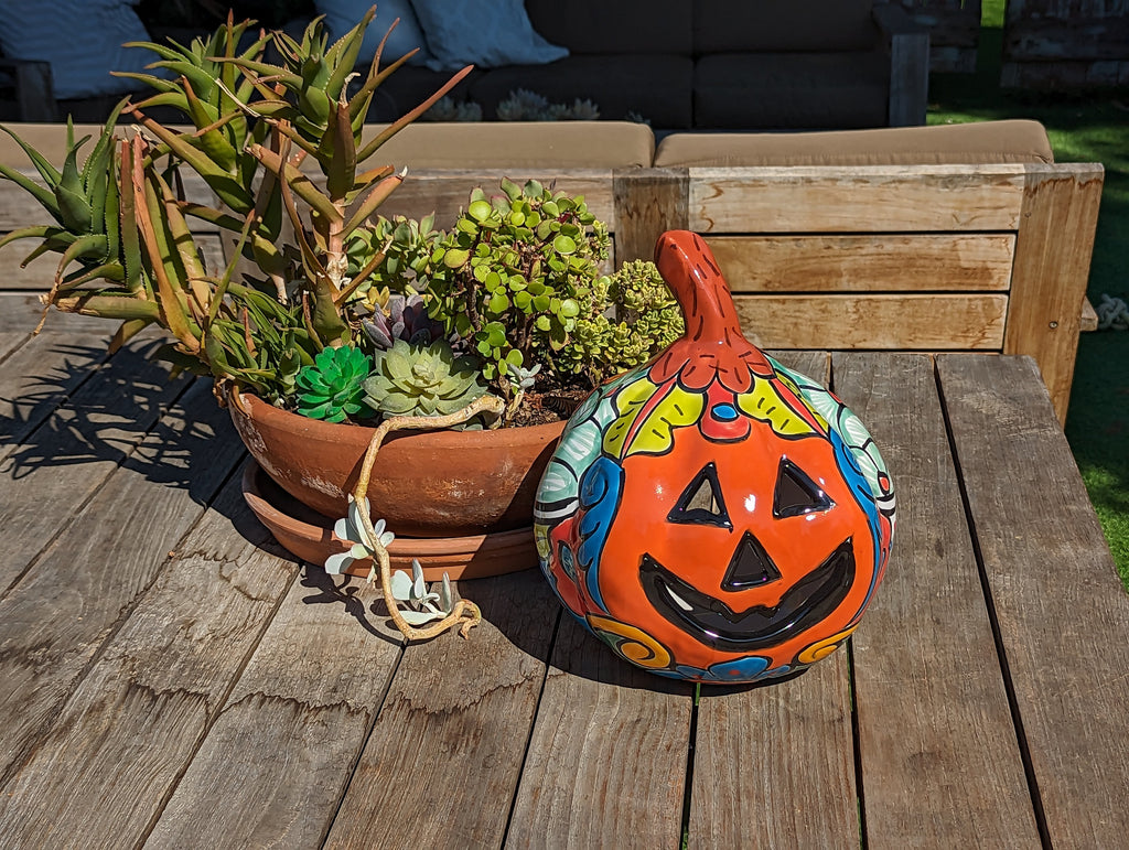 Halloween Pumpkin Decor, Jack-o-Lantern for Trick or Treat Party, Holiday Decor or Seasonal Yard Decor, Handmade Mexican Talavera Pottery