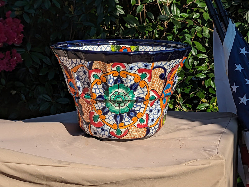 Talavera Pottery, Large Planter Pot 17" Wide, Ceramic Indoor Outdoor Flower Pot, Handmade In Mexico