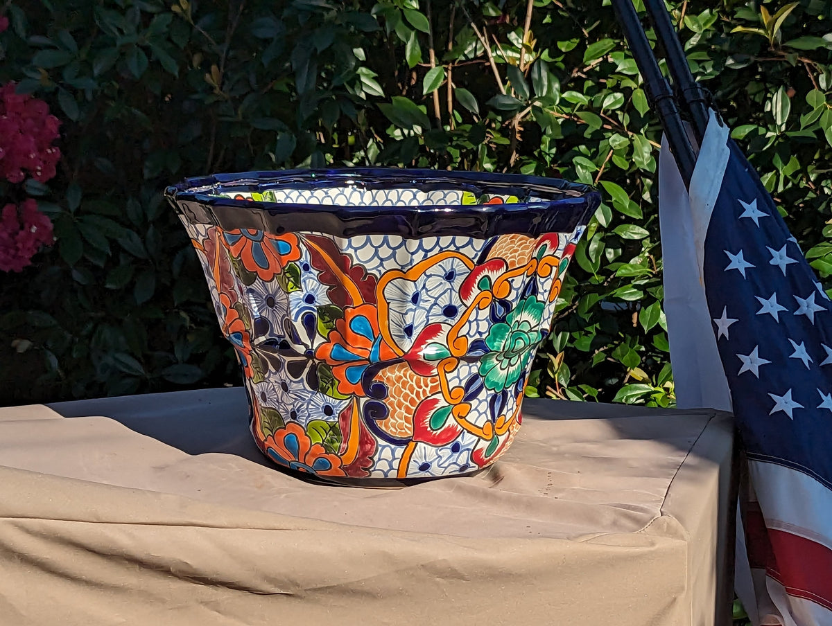Talavera Pottery, Large Planter Pot 17" Wide, Ceramic Indoor Outdoor Flower Pot, Handmade In Mexico