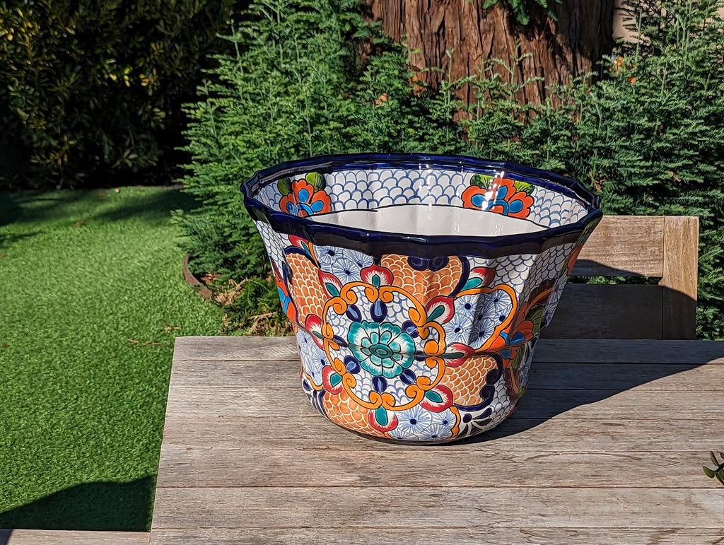 Talavera Pottery, Large Planter Pot 17" Wide, Ceramic Indoor Outdoor Flower Pot, Handmade In Mexico