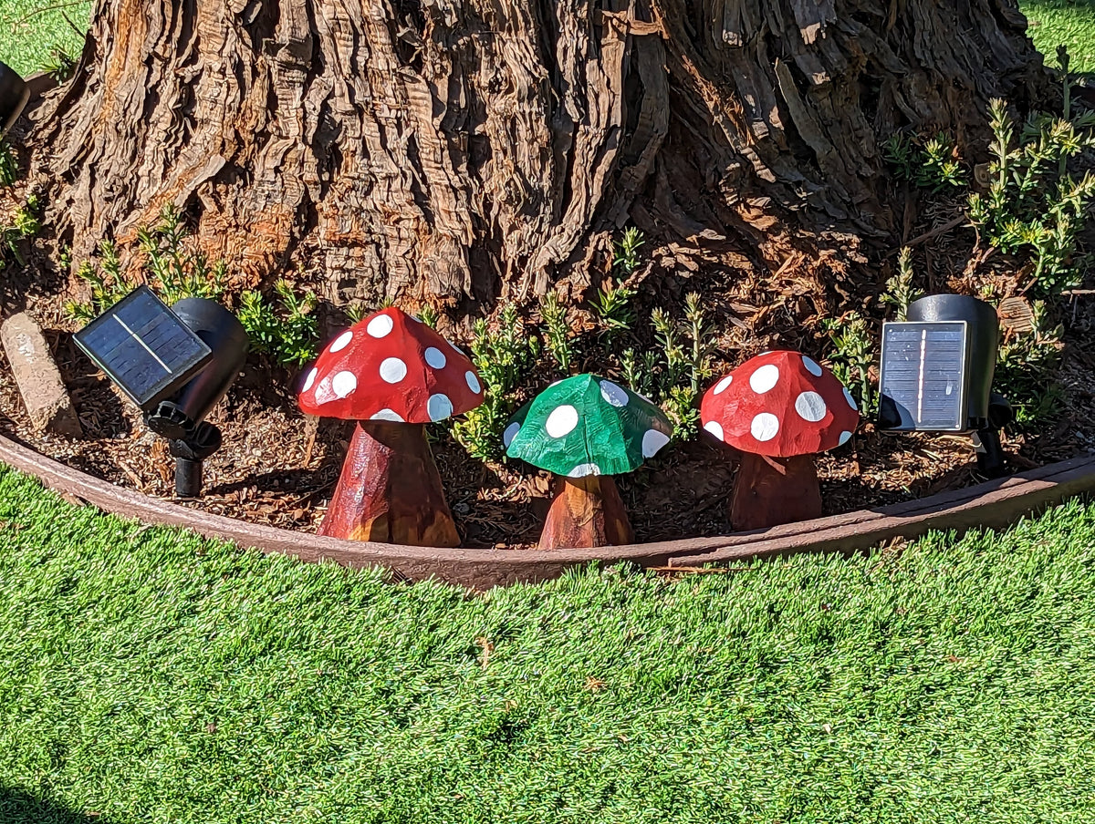 Pre-Order | Toadstool Trio Garden Decor & Yard Art, Wooden Chainsaw Sculptures Unique Home Decor, Set of 3 Handmade Mushrooms, Ships 2-25