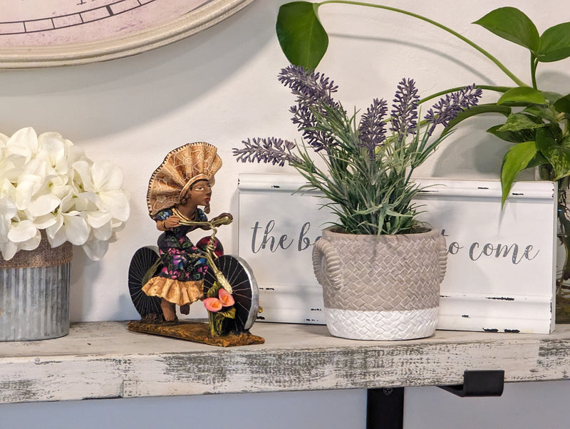 Oaxacan Woman on Bicycle, Original Mexican Art, Colorful Clay Figurine & Mexican Art by Jose Juan Aguilar from Oaxaca, Mexico