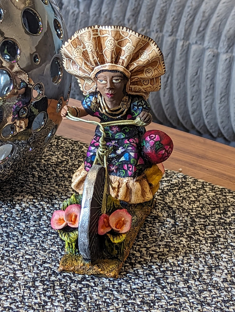 Oaxacan Woman on Bicycle, Original Mexican Art, Colorful Clay Figurine & Mexican Art by Jose Juan Aguilar from Oaxaca, Mexico