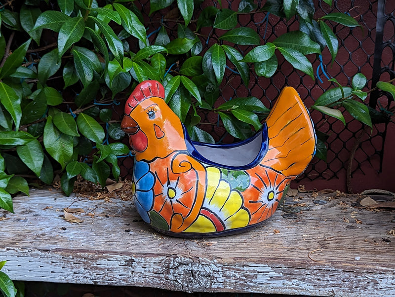 Chicken Flower Pot, Ceramic Talavera Planter, Handmade Mexican Pottery Home Decor - Indoor Planter or Outdoor Pot, Small Planter Pot