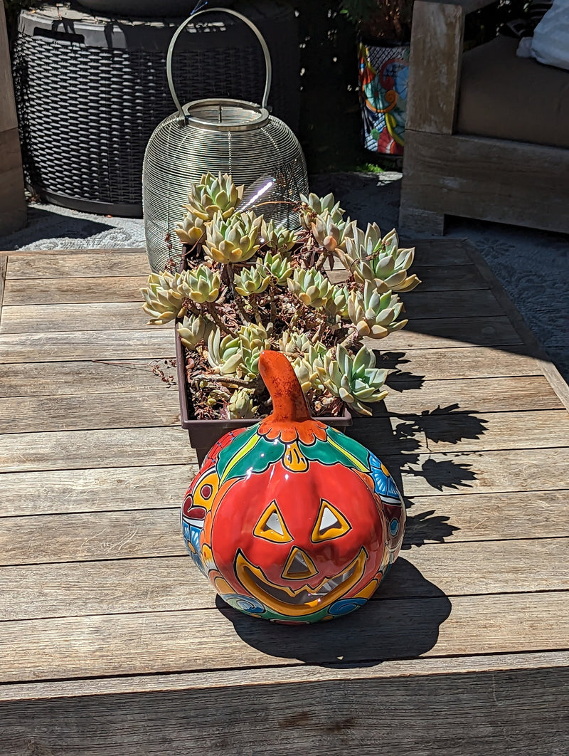 Halloween Pumpkin Decor, Jack-o-Lantern for Trick or Treat Party, Holiday Decor or Seasonal Yard Decor, Handmade Mexican Talavera Pottery