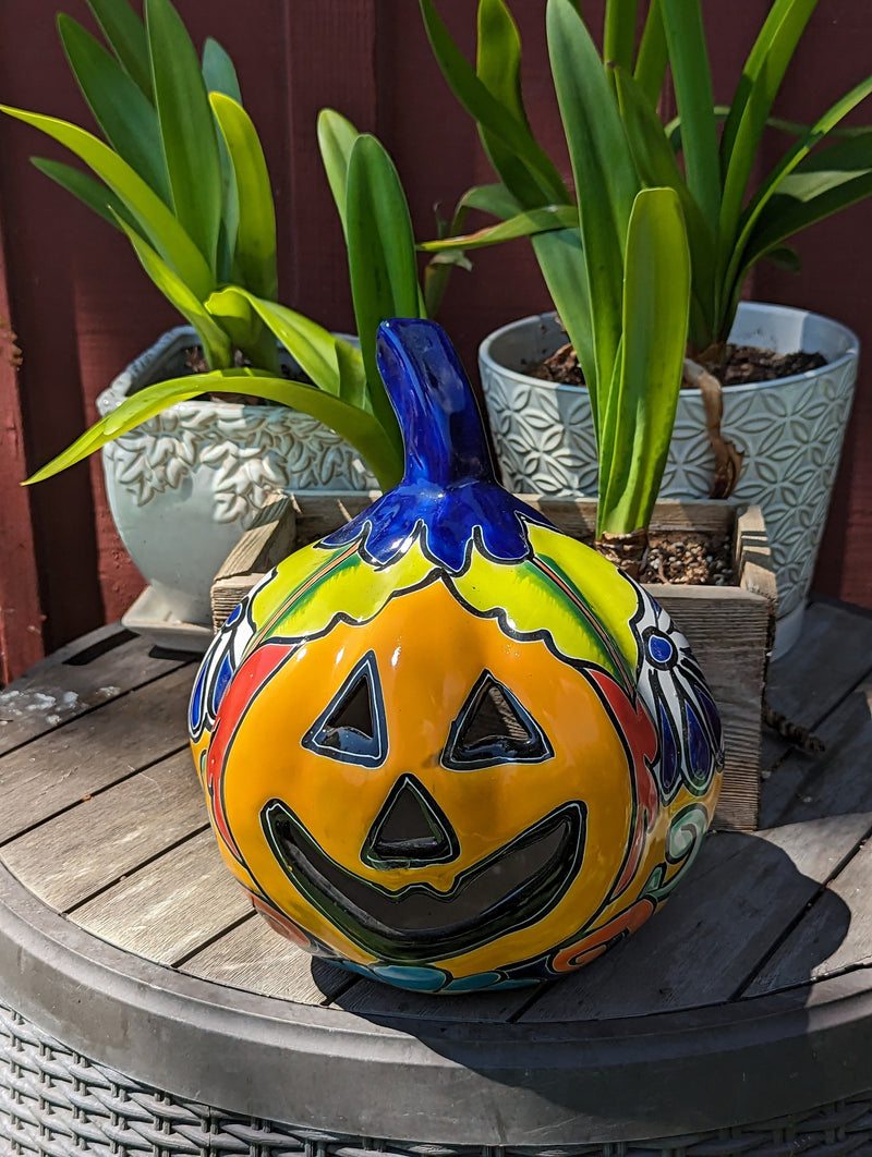 Halloween Pumpkin Decor, Jack-o-Lantern for Trick or Treat Party, Holiday Decor or Seasonal Yard Decor, Handmade Mexican Talavera Pottery