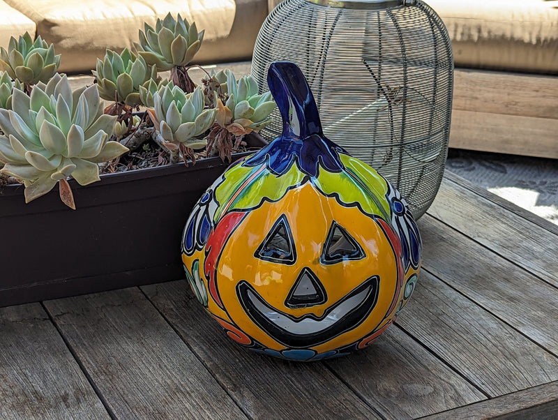 Halloween Pumpkin Decor, Jack-o-Lantern for Trick or Treat Party, Holiday Decor or Seasonal Yard Decor, Handmade Mexican Talavera Pottery