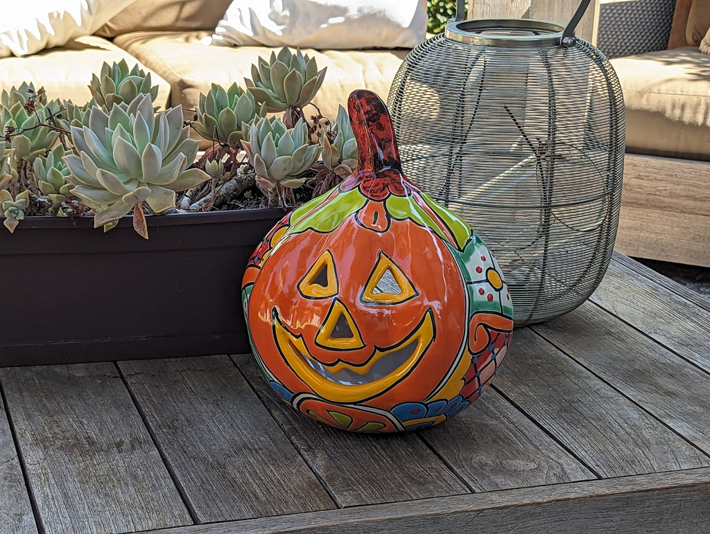 Halloween Pumpkin Decor, Jack-o-Lantern for Trick or Treat Party, Holiday Decor or Seasonal Yard Decor, Handmade Mexican Talavera Pottery