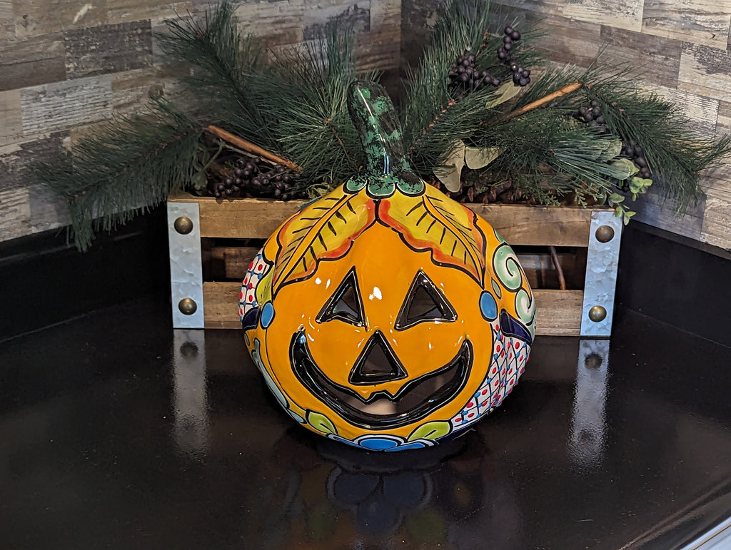 Halloween Pumpkin Decor, Jack-o-Lantern for Trick or Treat Party, Holiday Decor or Seasonal Yard Decor, Handmade Mexican Talavera Pottery