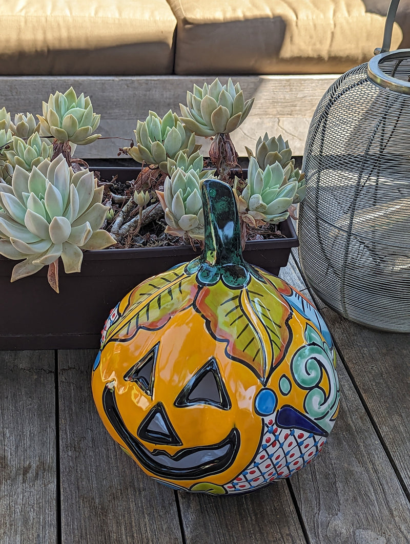 Halloween Pumpkin Decor, Jack-o-Lantern for Trick or Treat Party, Holiday Decor or Seasonal Yard Decor, Handmade Mexican Talavera Pottery