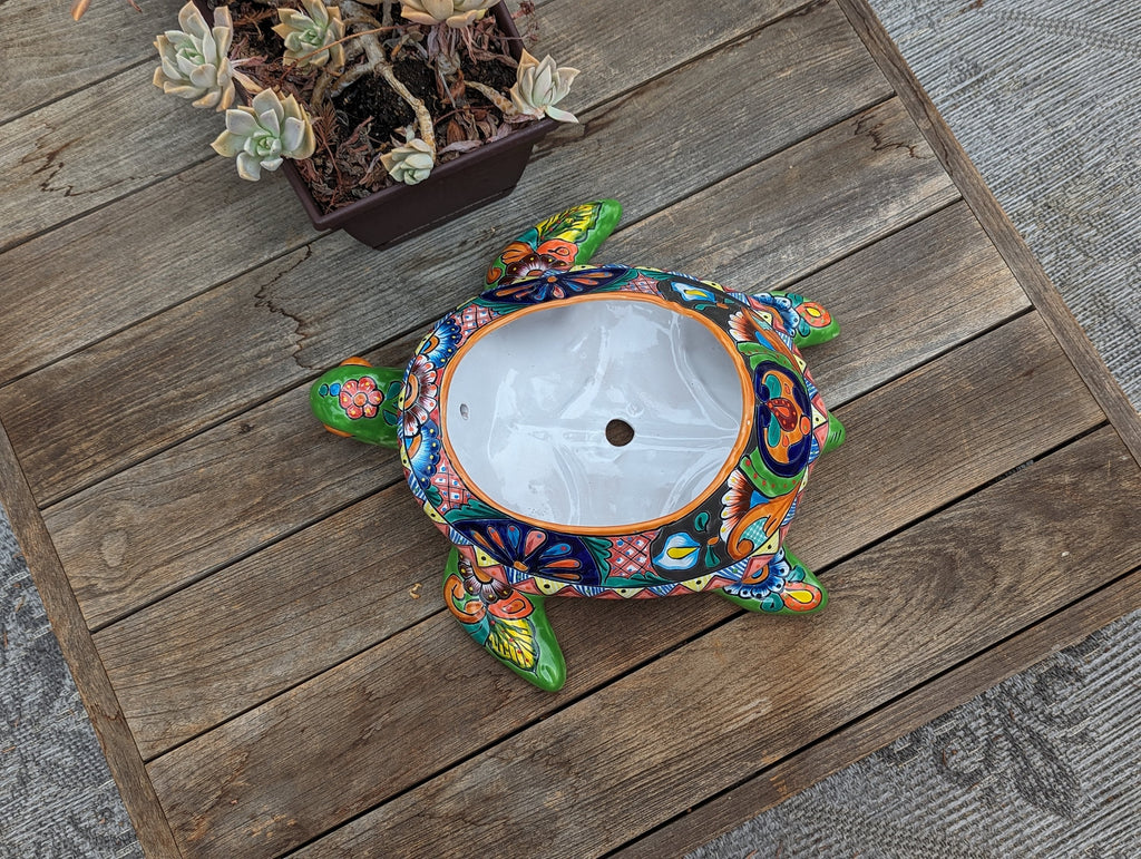 Talavera Turtle Planter, Handmade Mexican Pottery for Succulents or Flowers or Garden Decor, Ceramic Flower Pot for Outdoor or Home Decor