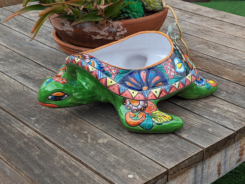 Talavera Turtle Planter, Handmade Mexican Pottery for Succulents or Flowers or Garden Decor, Ceramic Flower Pot for Outdoor or Home Decor