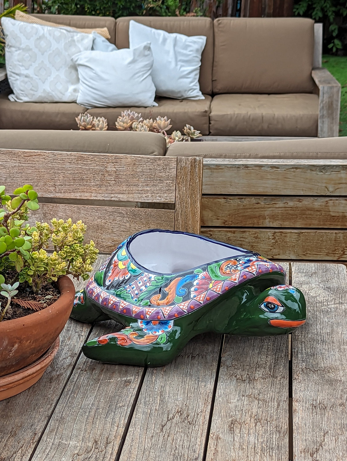 Talavera Turtle Planter, Handmade Mexican Pottery for Succulents or Flowers or Garden Decor, Ceramic Flower Pot for Outdoor or Home Decor