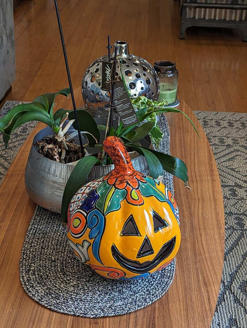 Halloween Pumpkin Decor, Jack-o-Lantern for Trick or Treat Party, Holiday Decor or Seasonal Yard Decor, Handmade Mexican Talavera Pottery