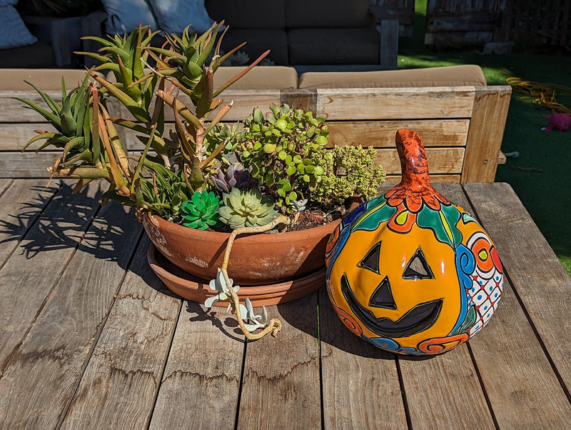 Halloween Pumpkin Decor, Jack-o-Lantern for Trick or Treat Party, Holiday Decor or Seasonal Yard Decor, Handmade Mexican Talavera Pottery