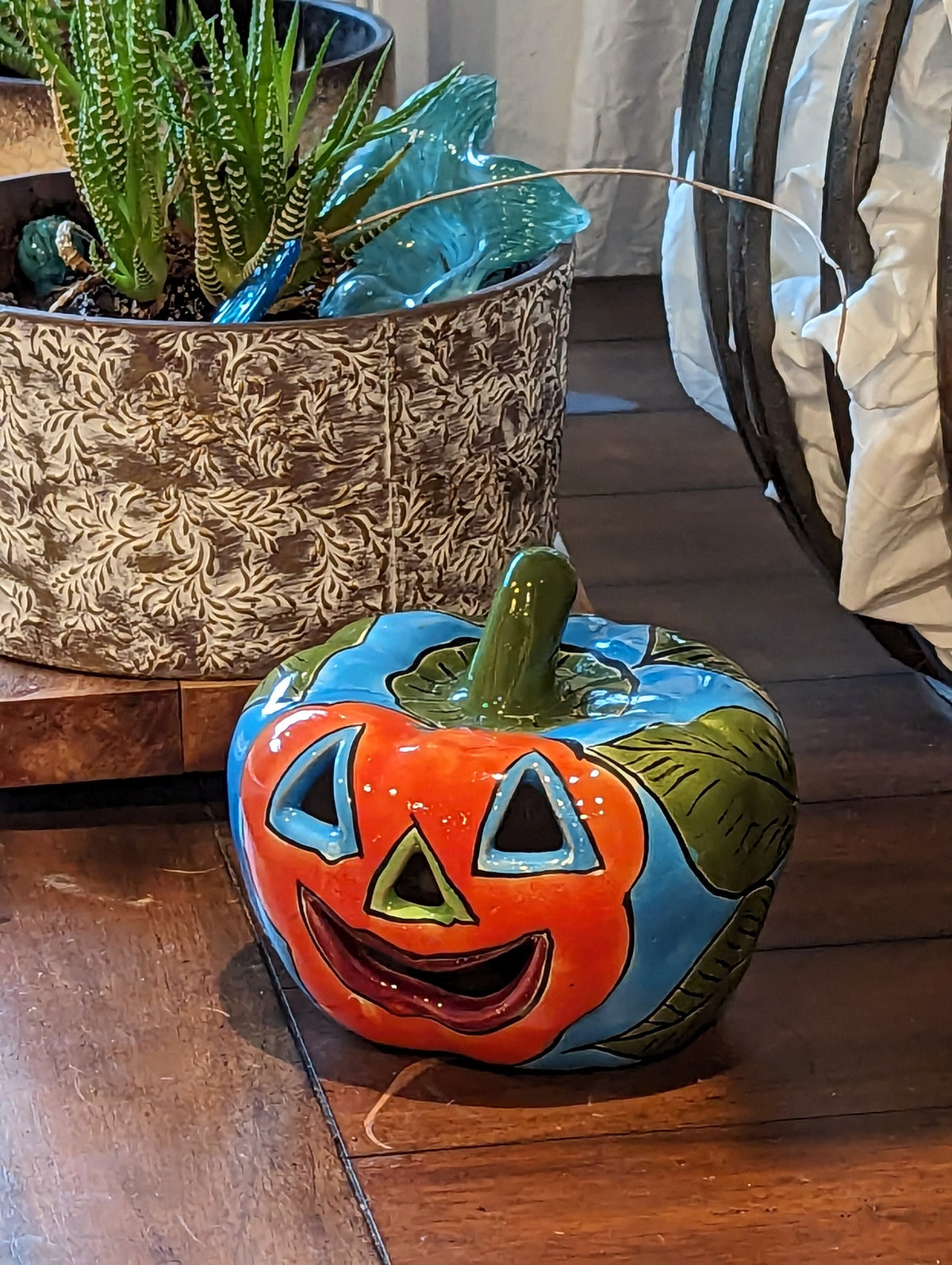 Halloween Pumpkin Decor, Jack-o-Lantern for Trick or Treat Party, Holiday Decor or Seasonal Yard Decor, Handmade Mexican Talavera Pottery