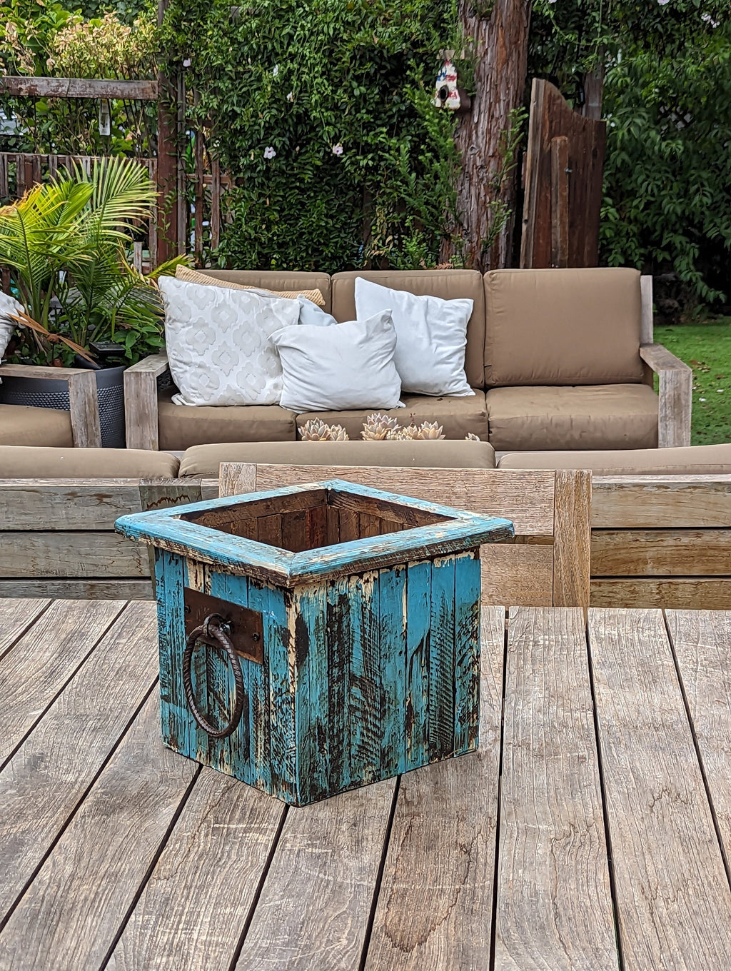 Pre-Order | Rustic Wooden Box Planter in Blue for Outdoor Garden Decor or Porch or Patio Decor, Handmade in Mexico, 10" Tall, Weighs 6 lbs