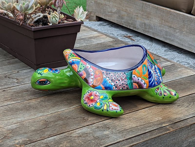 Talavera Turtle Planter, Handmade Mexican Pottery for Succulents or Flowers or Garden Decor, Ceramic Flower Pot for Outdoor or Home Decor