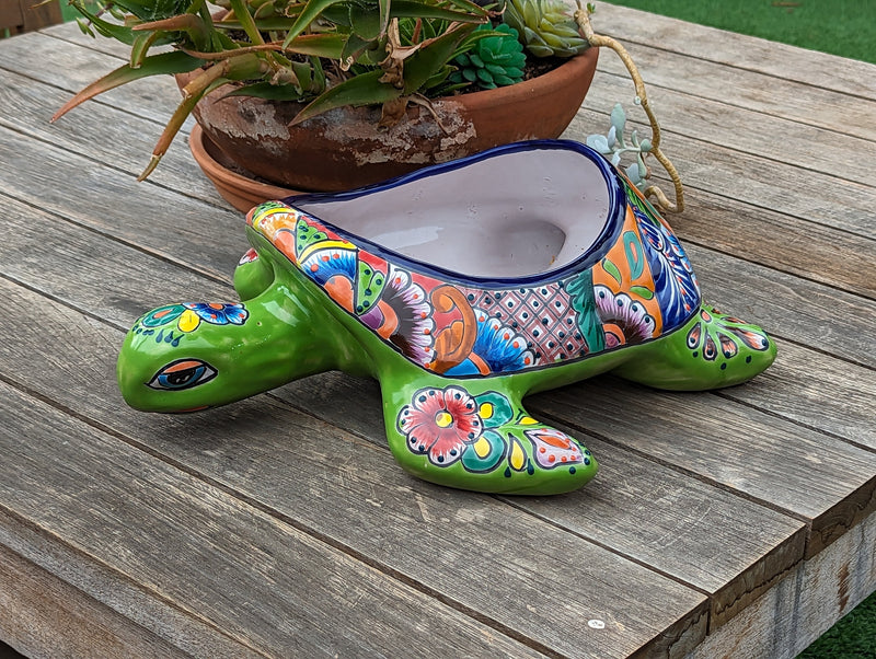 Talavera Turtle Planter, Handmade Mexican Pottery for Succulents or Flowers or Garden Decor, Ceramic Flower Pot for Outdoor or Home Decor