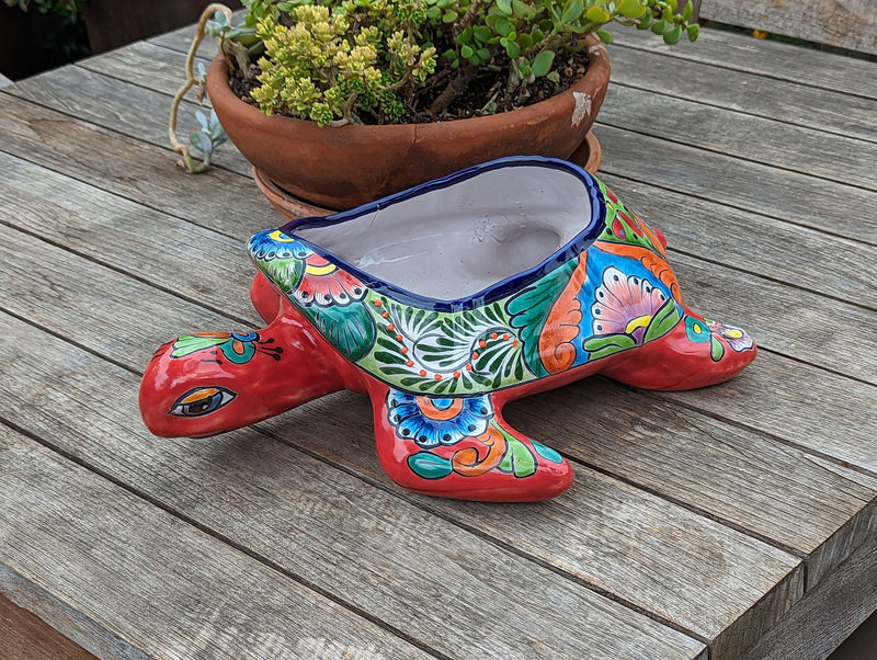 Talavera Turtle Planter, Handmade Mexican Pottery for Succulents or Flowers or Garden Decor, Ceramic Flower Pot for Outdoor or Home Decor